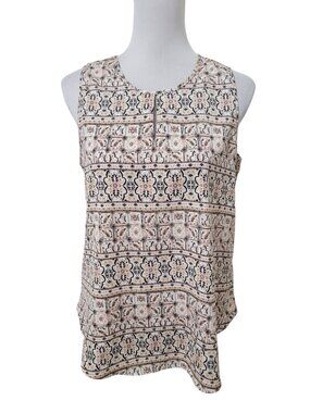 Cato Size M Ivory with Tan, Brown, Taupe and Pink Patterned Sleeveless Blouse